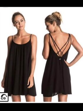 NWT Large Roxy Beach Strappy Open Back Summer Dress. Black.